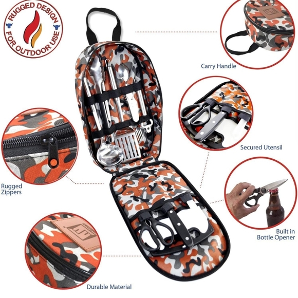 Wellmax Camping Grill Utensil Set w/bag, cutting board, knife, spatula, tongs - Picture 2 of 10